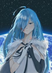 Rule 34 | 1girl, ahoge, android, asymmetrical gloves, blue eyes, blue hair, bruise, earth (planet), elbow gloves, facing viewer, fur trim, gloves, hair over one eye, highres, injury, long hair, mismatched gloves, own hands together, planet, sky, space, star (sky), starry sky, upper body, vi 1017, vivy, vivy: fluorite eye&#039;s song