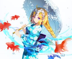 Rule 34 | 10s, 1girl, 2016, ahoge, animal, artist name, astarone, black bow, blue eyes, bow, braid, breasts, closed mouth, cowboy shot, dated, earrings, eyebrows, fate/apocrypha, fate/grand order, fate (series), fish, floral print, goldfish, headpiece, holding, holding umbrella, japanese clothes, jeanne d&#039;arc (anniversary heroines) (fate), jeanne d&#039;arc (fate), jeanne d&#039;arc (ruler) (fate), jewelry, kimono, long hair, long sleeves, low-tied long hair, medium breasts, sash, simple background, single braid, smile, solo, standing, umbrella, underbust, very long hair, white background, wide sleeves, yukata