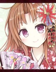 Rule 34 | 10s, 1girl, alternate costume, alternate hairstyle, brown hair, eyebrows, floral print, flower, hair down, hair flower, hair intakes, hair ornament, hand fan, head tilt, japanese clothes, kagerou (kancolle), kantai collection, letterboxed, looking at viewer, purple eyes, smile, solo, upper body, yamiarisu