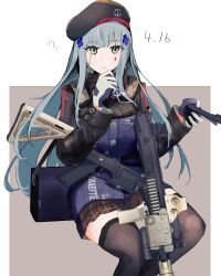 Rule 34 | 1girl, 416 day, ?, absurdres, assault rifle, beret, black hat, blush, commentary request, dated, disassembly, facial mark, girls&#039; frontline, gloves, green eyes, grey hair, gun, h&amp;k hk416, hair ornament, hand on own chin, hat, highres, hk416 (girls&#039; frontline), holding, jacket, long hair, looking at viewer, pleated skirt, reraise, rifle, sidelocks, simple background, skirt, solo, straight-on, thighhighs, weapon