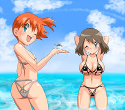 Rule 34 | 2girls, aircraft, airplane, ass, beach, bikini, blue eyes, blush, breasts, butt crack, cameltoe, creatures (company), day, flat chest, game freak, huge breasts, long hair, looking at viewer, may (pokemon), micro bikini, misty (pokemon), multiple girls, nintendo, ocean, one eye closed, orange hair, outdoors, perspective, pokemon, pokemon (anime), quinst, red hair, short hair, side ponytail, smile, swimsuit, water, wink