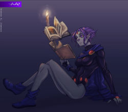 Rule 34 | 1girl, andava, artist name, belt, book, breasts, candle, cape, colored skin, dc comics, fingerless gloves, full body, gloves, gradient background, grey skin, grin, legs, leotard, magic, purple eyes, purple hair, raven (dc), smile, solo, teen titans