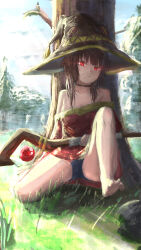 Rule 34 | 1girl, absurdres, bare shoulders, barefoot, black hat, black panties, blue sky, breasts, brown hair, closed mouth, commentary, day, dress, eye trail, forest, glowing, glowing eyes, grass, hat, highres, holding, holding staff, knee up, kono subarashii sekai ni shukufuku wo!, light trail, looking at viewer, mage staff, megumin, nature, nobukingu, off-shoulder dress, off shoulder, outdoors, panties, pantyshot, red dress, red eyes, short dress, short hair, short hair with long locks, sidelocks, sitting, sky, small breasts, soles, solo, spread legs, spread toes, staff, toes, tree, underwear, upskirt, witch hat