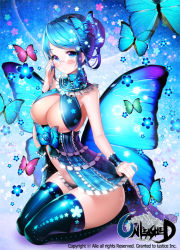 Rule 34 | 1girl, aile (crossroads), black panties, black thighhighs, blue eyes, blue hair, blush, boots, breasts, bug, butterfly, butterfly hair ornament, butterfly wings, character request, frilled panties, frills, glasses, hair ornament, hair up, insect, insect wings, large breasts, matching hair/eyes, panties, sitting, solo, thigh boots, thighhighs, underwear, unleashed, wings