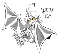 Rule 34 | 1girl, :d, ahoge, bra, claws, dated, fangs, greyscale, halloween, halloween costume, harpy, huge ahoge, inktober, looking at viewer, monochrome, monster girl, monster musume no iru nichijou, open mouth, papi (monster musume), ramenwarwok, short hair, simple background, slit pupils, smile, solo, spot color, underwear, vampire, white background, winged arms, wings, yellow eyes