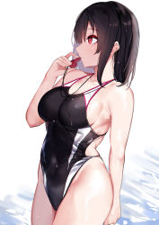 Rule 34 | 1girl, black hair, black one-piece swimsuit, breasts, competition swimsuit, cowboy shot, hand up, highres, holding, holding whistle, kantai collection, large breasts, looking away, medium hair, miyasaka miyabi, one-piece swimsuit, parted lips, profile, red eyes, sideboob, simple background, solo, standing, swimsuit, takao (kancolle), wet, whistle, whistle around neck