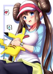 Rule 34 | 1girl, between breasts, black pantyhose, blue eyes, blush, breast smother, breasts, brown hair, cleavage, clothes lift, creatures (company), double bun, face to breasts, game freak, gen 1 pokemon, hair bun, heart, highres, large breasts, looking at viewer, low twintails, mokufuu, nintendo, pantyhose, pantyhose under shorts, pikachu, pokemon, pokemon (creature), pokemon bw2, rosa (pokemon), shirt, shirt lift, short shorts, shorts, smile, spoken heart, sweatdrop, thought bubble, twintails, visor cap, yellow shorts