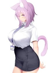 Rule 34 | 1girl, alternate breast size, animal ear fluff, animal ears, arms behind back, breasts, cat ears, cat tail, commentary, cowboy shot, highres, hololive, id card, karatakewari, lanyard, large breasts, light smile, looking at viewer, nekomata okayu, purple eyes, purple hair, short hair, simple background, solo, tail, virtual youtuber, white background