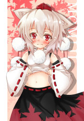 Rule 34 | 1girl, animal ears, bare shoulders, blush, breasts, character name, detached sleeves, embarrassed, hat, highres, inubashiri momiji, leaf, leaf background, looking at viewer, midriff, navel, nuts0610, pom pom (clothes), red eyes, short hair, silver hair, solo, tokin hat, touhou, wavy mouth, wolf ears