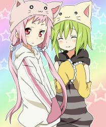 Rule 34 | 2girls, animal hat, bad id, bad pixiv id, blush, detached sleeves, green hair, hat, kl-chan, long hair, maruki (punchiki), mono (character), multiple girls, pink hair, red eyes, short hair, smile, toeto (vocaloid), twintails, vocaloid