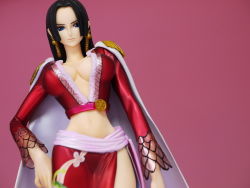 Rule 34 | 1girl, amazon lily, black hair, boa hancock, breasts, cleavage, earrings, female focus, figure, gradient background, jewelry, large breasts, long hair, midriff, one piece, photo (medium), shirt, skirt, solo