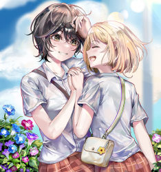 Rule 34 | 2girls, absurdres, asagao to kase-san, bag, blonde hair, brown hair, checkered clothes, checkered skirt, cloud, cloudy sky, couple, day, flower, green eyes, grin, highres, holding hands, interlocked fingers, kase tomoka, lens flare, light blush, looking at another, multiple girls, open mouth, outdoors, po!son, school bag, school uniform, short hair, skirt, sky, smile, sunlight, teeth, upper teeth only, yamada yui, yuri
