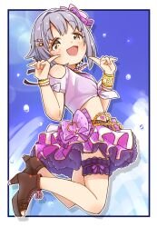 Rule 34 | 1girl, :d, bare shoulders, blush, bow, breasts, brown eyes, brown footwear, clothing cutout, commentary request, full body, grey hair, hair bow, hair ornament, hairclip, hands up, heart, heart hair ornament, high heels, highres, idolmaster, idolmaster cinderella girls, idolmaster cinderella girls starlight stage, koshimizu sachiko, looking at viewer, looking to the side, midair, open mouth, pink bow, polka dot, polka dot skirt, purple skirt, shirt, shoes, short hair, shoulder cutout, skirt, small breasts, smile, solo, striped, striped bow, tied shirt, toeless footwear, white shirt, yukie (kusaka shi)