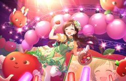 Rule 34 | 1girl, apple, basket, blush, bow, bowtie, breasts, brown hair, closed eyes, collar, concert, dress, dutch angle, earrings, eyelashes, flower, food, foot out of frame, frilled collar, frilled dress, frilled gloves, frilled sleeves, frills, fruit, game cg, gloves, glowstick, green bow, green bowtie, green dress, green ribbon, hands up, hat, hat flower, holding, idol, idolmaster, idolmaster cinderella girls, idolmaster cinderella girls starlight stage, jewelry, lens flare, medium breasts, motion blur, official art, parted bangs, puffy short sleeves, puffy sleeves, ribbon, short sleeves, solo, stage, stage lights, standing, standing on one leg, swept bangs, thighhighs, tilted headwear, tsujino akari, two-tone dress, white gloves, white hat, white thighhighs