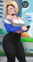 Rule 34 | 1girl, absurdres, android 18, bare shoulders, black pants, blonde hair, blue eyes, blue jacket, blue nails, blue sky, breasts, building, cellphone, chat log, cleavage, cloud, collarbone, commentary, cowboy shot, crop top, day, dragon ball, dragonball z, earrings, echo saber, english commentary, english text, forehead, grin, highres, holding, holding phone, jacket, jewelry, large breasts, long sleeves, midriff, nail polish, navel, off shoulder, pants, parted lips, phone, pink lips, short hair, sky, smartphone, smile, solo, speech bubble, standing, stomach, tank top, thick thighs, thighs, white tank top