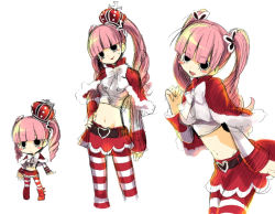 Rule 34 | 1girl, bow, breasts, cape, capelet, chibi, crown, female focus, fur trim, ju-zika, lipstick, long sleeves, makeup, midriff, multiple views, one piece, perona, pink hair, red cape, red skirt, ribbon, skirt, striped clothes, striped thighhighs, thighhighs, twintails