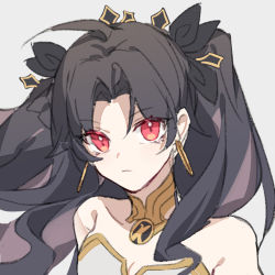 Rule 34 | 1girl, bare shoulders, black bow, black hair, bow, breasts, chinese commentary, closed mouth, commentary request, earrings, fate/grand order, fate (series), grey background, hair bow, hoop earrings, ishtar (fate), jewelry, long hair, looking at viewer, portrait, red eyes, simple background, sketch, solo, two side up, yusa (yusa0751)