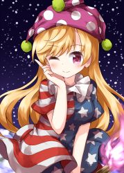 Rule 34 | 1girl, american flag dress, american flag legwear, blonde hair, closed mouth, clownpiece, cowboy shot, dress, flower, hand on own face, hat, highres, holding, holding torch, jester cap, long hair, looking at viewer, neck ruff, night, night sky, no wings, one eye closed, pink eyes, pink flower, polka dot, purple hat, ruu (tksymkw), sky, smile, solo, star (sky), star (symbol), star print, starry sky, striped clothes, striped dress, torch, touhou