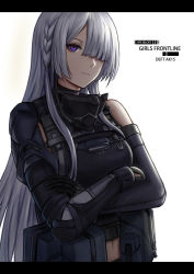 Rule 34 | 1girl, absurdres, ak-15 (girls&#039; frontline), bad id, bad pixiv id, bare shoulders, braid, closed mouth, commentary request, crossed arms, elbow gloves, girls&#039; frontline, gloves, hair over one eye, highres, letterboxed, long hair, looking at viewer, mask, mask around neck, midriff, navel, parted bangs, pouch, purple eyes, selcky, sidelocks, silver hair, solo, tactical clothes