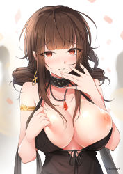 Rule 34 | 1girl, ahoge, armlet, bare shoulders, black dress, blunt bangs, blush, breasts, brown hair, casual, choker, cleavage, closed mouth, copyright name, dress, dress tug, dsr-50 (girls&#039; frontline), dsr-50 (highest bid) (girls&#039; frontline), eyes visible through hair, frown, gem, girls&#039; frontline, hair ornament, hair over shoulder, hand on own face, jewelry, large breasts, long hair, looking at viewer, macchiato (jae-min cho), necklace, nipples, no bra, official alternate costume, one breast out, parted lips, pendant, red eyes, red gemstone, ring, sideboob, sidelocks, sleeveless, sleeveless dress, smile, solo, sweat, sweatdrop, twitter username, wedding band