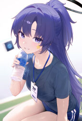Rule 34 | 1girl, 95---, black halo, blue archive, blue buruma, blue eyes, blue hair, blue shirt, blurry, blurry background, bottle, bra visible through clothes, buruma, drone, facial mark, half updo, halo, highres, holding, holding bottle, looking at viewer, mixed-language commentary, official alternate costume, official alternate hairstyle, parted bangs, shirt, short sleeves, sitting, smile, solo, solo focus, star (symbol), star facial mark, sweat, thighs, water bottle, yuuka (blue archive), yuuka (track) (blue archive)