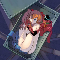 Rule 34 | 00s, 1girl, barefoot, blue eyes, box, breasts, breasts on lap, brown hair, evangelion: 2.0 you can (not) advance, fetal position, full body, in box, in container, kouno (masao), long hair, looking at viewer, lying, neon genesis evangelion, nude, on side, plantar flexion, plugsuit, rebuild of evangelion, solo, souryuu asuka langley, toe scrunch, toes, underboob