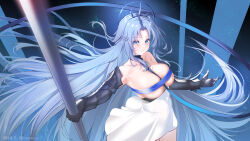 Rule 34 | 1girl, absurdres, alsace (azur lane), armored gloves, azur lane, blue eyes, blue hair, blue ribbon, breastless clothes, breasts, commentary request, highres, holding, holding pole, long hair, looking at viewer, pole, ribbon, ribbon between breasts, skirt, solo, thunder-35, upper body, very long hair, white skirt