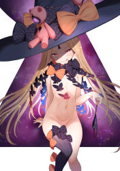 Rule 34 | 1girl, abigail williams (fate), abigail williams (second ascension) (fate), black bow, black hat, black panties, black thighhighs, blonde hair, bow, bug, butterfly, closed mouth, fate/grand order, fate (series), flat chest, glowing, hat, head tilt, holding, holding clothes, holding panties, holding underwear, insect, keyhole, licking lips, long hair, looking at viewer, matanonki, naughty face, navel, nude, orange bow, panties, polka dot, polka dot bow, purple background, red eyes, ribs, single thighhigh, sitting, smile, solo, striped clothes, striped thighhighs, stuffed toy, thighhighs, tongue, tongue out, underwear, unworn panties, very long hair, white background, witch hat