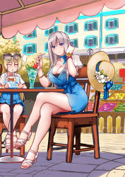 Rule 34 | 2girls, absurdres, blonde hair, blue dress, blue eyes, braid, breasts, building, chair, cup, day, dress, drinking glass, drinking straw, french braid, hair ornament, hairclip, hat, unworn headwear, highres, large breasts, crossed legs, lexington (warship girls r), long hair, looking at viewer, multiple girls, outdoors, platinum blonde hair, sandals, saratoga (warship girls r), short dress, sitting, smile, sun hat, table, warship girls r, white footwear, aged down, z.s.w.
