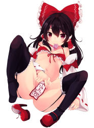 Rule 34 | 1girl, adapted costume, bad id, bad pixiv id, bare shoulders, black hair, black thighhighs, blush, bottomless, bow, bra, breasts, condom, condom wrapper, covering crotch, covering privates, detached sleeves, fingernails, full body, garter straps, hair bow, hair tubes, hakurei reimu, high heels, highres, kedama milk, long hair, mary janes, mouth hold, navel, ofuda, red bra, red eyes, red footwear, shoes, simple background, single shoe, small breasts, solo, spread pussy under clothes, thighhighs, touhou, underwear, white background