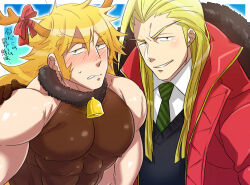 Rule 34 | 2boys, animal costume, antlers, bara, bell, character request, christmas, covered erect nipples, horns, huge eyebrows, large pectorals, long hair, looking at viewer, male focus, multiple boys, muscular, muscular male, neck bell, osu! banchou, pectorals, reindeer antlers, reindeer costume, seductive smile, shirt, short hair, shy, sleeveless, sleeveless shirt, smile, sugo6969, taut clothes, taut shirt, textless version, thick eyebrows, translation request, upper body, yaoi