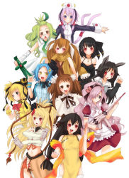 Rule 34 | 6+girls, :d, ahoge, ampharos, animal ears, annotated, apron, bandages, bare shoulders, black dress, black eyes, black hair, blonde hair, blue eyes, blue hair, bow, brown eyes, brown hair, china dress, chinese clothes, clenched hand, creatures (company), dress, eevee, elbow gloves, espeon, facial mark, fighting stance, fingerless gloves, forretress, fuwayu, game freak, gen 1 pokemon, gen 2 pokemon, gen 3 pokemon, gen 4 pokemon, gloves, green hair, gun, hair bow, hair ornament, hair over one eye, hat, inutose, jewelry, leafeon, light purple hair, long hair, lopunny, luxray, midriff, mightyena, moemon, multiple girls, necktie, ninetales, nintendo, open mouth, pendant, personification, pink eyes, pokemon, purple hair, red eyes, scarf, shinx, simple background, smile, stance, star (symbol), sword, tail, translation request, twintails, typhlosion, umbreon, very long hair, weapon, wrist cuffs, yellow eyes