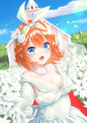 Rule 34 | 1girl, absurdres, bead necklace, beads, blue eyes, blue sky, blurry, blurry background, breasts, bridal gauntlets, bridal veil, church, cleavage, cleavage cutout, clothing cutout, cloud, commentary request, day, double-parted bangs, dress, eyebrows hidden by hair, eyelashes, falling petals, flower, garden, go-toubun no hanayome, hair between eyes, hair flower, hair ornament, hair ribbon, highres, hiyoku, jewelry, large breasts, lens flare, looking at viewer, medium hair, nakano yotsuba, necklace, off shoulder, open mouth, orange hair, outdoors, petals, pov, reaching, reaching towards viewer, ribbon, rose, sky, sleeveless, sleeveless dress, solo, upper body, veil, wedding, wedding dress, white dress, white flower, white ribbon, white rose