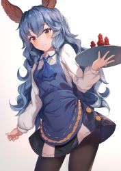 Rule 34 | 1girl, absurdres, animal ears, apron, ascot, black pantyhose, blue apron, blue ascot, blue dress, blue hair, blush, breasts, closed mouth, collared shirt, contrapposto, cowboy shot, dress, dutch angle, ferry (granblue fantasy), from below, gradient background, granblue fantasy, hair between eyes, highres, holding, holding tray, isaya (pixiv4541633), long hair, long sleeves, looking ahead, orange eyes, pantyhose, puffy sleeves, shirt, simple background, small breasts, smile, solo, standing, tray, very long hair, wavy hair, white background, white shirt