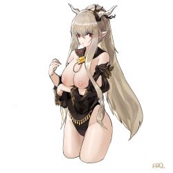 Rule 34 | 1girl, absurdres, arknights, black one-piece swimsuit, breast hold, breasts, cleavage, covered navel, cropped legs, detached sleeves, grey hair, groin, highres, horns, large breasts, long hair, looking at viewer, nipples, one-piece swimsuit, pointy ears, prossss, red eyes, shining (arknights), shining (silent night) (arknights), sidelocks, signature, simple background, solo, swimsuit, white background