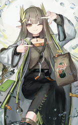 Rule 34 | 1girl, absurdres, arknights, black choker, black skirt, brown bag, brown eyes, brown hair, brown shirt, candy, choker, closed mouth, coat, commentary request, elf, finger frame, food, hands up, highres, lab coat, laurel crown, laurels, long sleeves, looking at viewer, mole, mole under eye, muelsyse (arknights), one eye closed, open clothes, open coat, paserin ekaku, pointy ears, shirt, skirt, smile, solo, water drop, white coat, wrapped candy