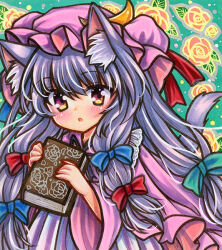 Rule 34 | 1girl, :o, animal ear fluff, animal ears, blue bow, blush, book, bow, cat ears, cat girl, cat tail, crescent, crescent hat ornament, dress, floral background, green bow, hair bow, hat, hat ornament, hat ribbon, holding, holding book, kemonomimi mode, long hair, looking at viewer, marker (medium), mob cap, original, parted lips, patchouli knowledge, purple dress, purple eyes, purple hair, purple hat, red bow, red ribbon, ribbon, rui (sugar3), solo, tail, touhou, traditional media, upper body