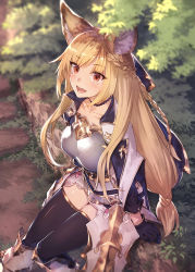 Rule 34 | 1girl, animal ears, armor, blonde hair, braid, collarbone, commentary request, erune, gloves, granblue fantasy, ibuki notsu, long hair, open mouth, red eyes, sitting, solo, thighhighs, thighs, tree, yuisis (granblue fantasy)