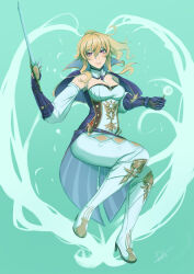 Rule 34 | 1girl, absurdres, bare shoulders, blonde hair, boots, breasts, cleavage, commentary, dandelion, deliciousbrain, detached sleeves, flower, genshin impact, green background, grin, hair between eyes, high heel boots, high heels, highres, holding, holding sword, holding weapon, invisible chair, jean (genshin impact), large breasts, leggings, long hair, looking at viewer, pants, ponytail, purple eyes, shirt, simple background, sitting, smile, solo, strapless, strapless shirt, sword, thighs, weapon, white footwear, white pants