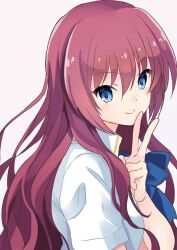 Rule 34 | 1girl, a-chan senpai, asami yuriko, blue eyes, blue ribbon, closed mouth, commentary request, eyelashes, eyes visible through hair, from side, hair between eyes, hand up, little busters!, long hair, looking at viewer, red hair, ribbon, shirt, short sleeves, simple background, smile, solo, upper body, v, very long hair, wavy hair, white background, white shirt
