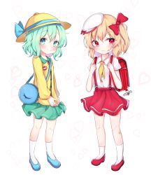Rule 34 | 2girls, :&lt;, alternate costume, ascot, backpack, bag, bandaid, bandaid on face, bandaid on leg, beret, blonde hair, blue footwear, blue ribbon, blush, bow, charm (object), closed mouth, collared shirt, flandre scarlet, flat chest, full body, green eyes, green hair, green skirt, hair bow, hanen (borry), hat, hat ribbon, heart, heart background, highres, komeiji koishi, long sleeves, looking at viewer, looking to the side, multiple girls, neckerchief, no wings, one side up, randoseru, red bow, red eyes, red footwear, red skirt, ribbon, school bag, shirt, short hair, short sleeves, simple background, skirt, smile, socks, suspenders, touhou, v-shaped eyebrows, white background, white headwear, white shirt, white socks, yellow headwear, yellow neckwear, yellow shirt
