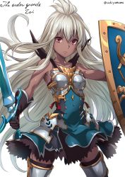 Rule 34 | 10s, 1girl, armor, armored boots, artist name, bare arms, bare shoulders, black gloves, blue dress, boots, breastplate, character name, closed mouth, collarbone, dark skin, dark-skinned female, dress, elbow gloves, gloves, granblue fantasy, grey footwear, holding, holding sword, holding weapon, legs apart, long hair, looking at viewer, red eyes, sakiyamama, serious, shield, simple background, solo, standing, sword, thigh boots, thighhighs, unsheathed, very long hair, weapon, white background, zettai ryouiki, zooey (granblue fantasy)
