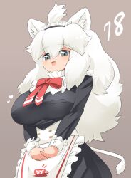 Rule 34 | 1girl, :d, ahoge, alternate costume, animal ear fluff, animal ears, apron, black dress, blush, bow, bowtie, breasts, brown background, commentary request, cowboy shot, dress, enmaided, fang, grey eyes, heart, highres, japari symbol, kemono friends, large breasts, lets0020, lion ears, lion girl, lion tail, long hair, long sleeves, looking at viewer, maid, maid headdress, medium bangs, numbered, open mouth, red bow, red bowtie, sidelocks, simple background, skin fang, smile, solo, tail, waist apron, white apron, white hair, white lion (kemono friends)