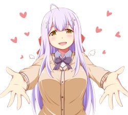 Rule 34 | 1girl, ahoge, black bow, black bowtie, blush, bow, bowtie, brown cardigan, cardigan, cross hair ornament, dou-t, gabriel dropout, hair ornament, heart, highres, long hair, long sleeves, looking at viewer, open mouth, outstretched arms, purple hair, raphiel shiraha ainsworth, shirt, simple background, smile, solo, white background, white shirt, yellow eyes