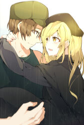 Rule 34 | 1boy, 1girl, arms around neck, beret, black headwear, blonde hair, brown hair, closed mouth, commentary request, couple, crying, crying with eyes open, eye contact, eyelashes, from side, glasses, grey background, hat, hetero, highres, higurashi no naku koro ni, hug, light blush, long hair, looking at another, open mouth, peaked cap, profile, rain, short hair, simple background, smile, spoilers, streaming tears, suzuragi karin, takano miyo, tears, tomitake jirou, upper body, wide-eyed, yellow eyes