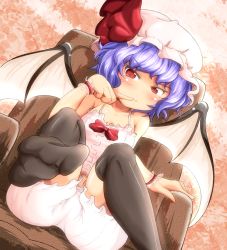 Rule 34 | 1girl, bat wings, black thighhighs, bloomers, camisole, chair, dutch angle, feet, female focus, finger to mouth, foot focus, hat, hat ribbon, light purple hair, red eyes, remilia scarlet, ribbon, short hair, sitting, smirk, solo, thighhighs, touhou, underwear, underwear only, white bloomers, wings, wrist cuffs, yoriyuki chiyo