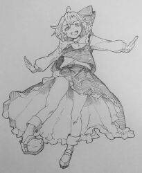 Rule 34 | 1girl, ahoge, commentary request, fang, full body, greyscale, hair ribbon, highres, kanaria (bocmn), long sleeves, looking at viewer, monochrome, open mouth, outstretched arms, ribbon, rumia, shoes, short hair, simple background, sketch, skirt, socks, solo, touhou, traditional media