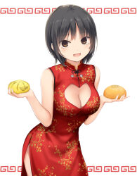 Rule 34 | 1girl, :d, aoyama sumika, bare arms, bare shoulders, black hair, blush, breasts, brown eyes, china dress, chinese clothes, cleavage, cleavage cutout, clothing cutout, coffee-kizoku, commentary request, dress, food, heart cutout, highres, holding, holding food, leaning forward, looking at viewer, medium breasts, open mouth, original, red dress, short hair, simple background, sleeveless, sleeveless dress, smile, solo, white background
