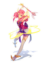 Rule 34 | 1girl, :d, absurdres, alternate costume, armpits, arms up, blue eyes, gloves, highres, league of legends, lux (league of legends), magical girl, open mouth, pink hair, sailor collar, short twintails, simple background, smile, solo, star guardian (league of legends), star guardian lux, thighhighs, twintails, wand, white background, wu (4401153), zettai ryouiki