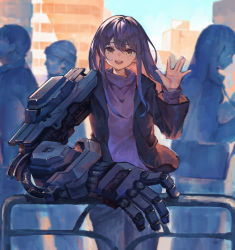 Rule 34 | 2boys, 2girls, :d, \||/, arm rest, black jacket, blue pants, blue sky, breasts, building, character request, check character, cowboy shot, denim, grey sweater, hair between eyes, highres, jacket, jeans, long hair, looking at viewer, mechanical arms, multiple boys, multiple girls, open hand, open mouth, original, outdoors, pants, purple hair, railing, sidelocks, single mechanical arm, sky, small breasts, smile, solo focus, standing, sweater, teeth, turtleneck, upper teeth only, waving, yanyan (shinken gomi), yellow eyes